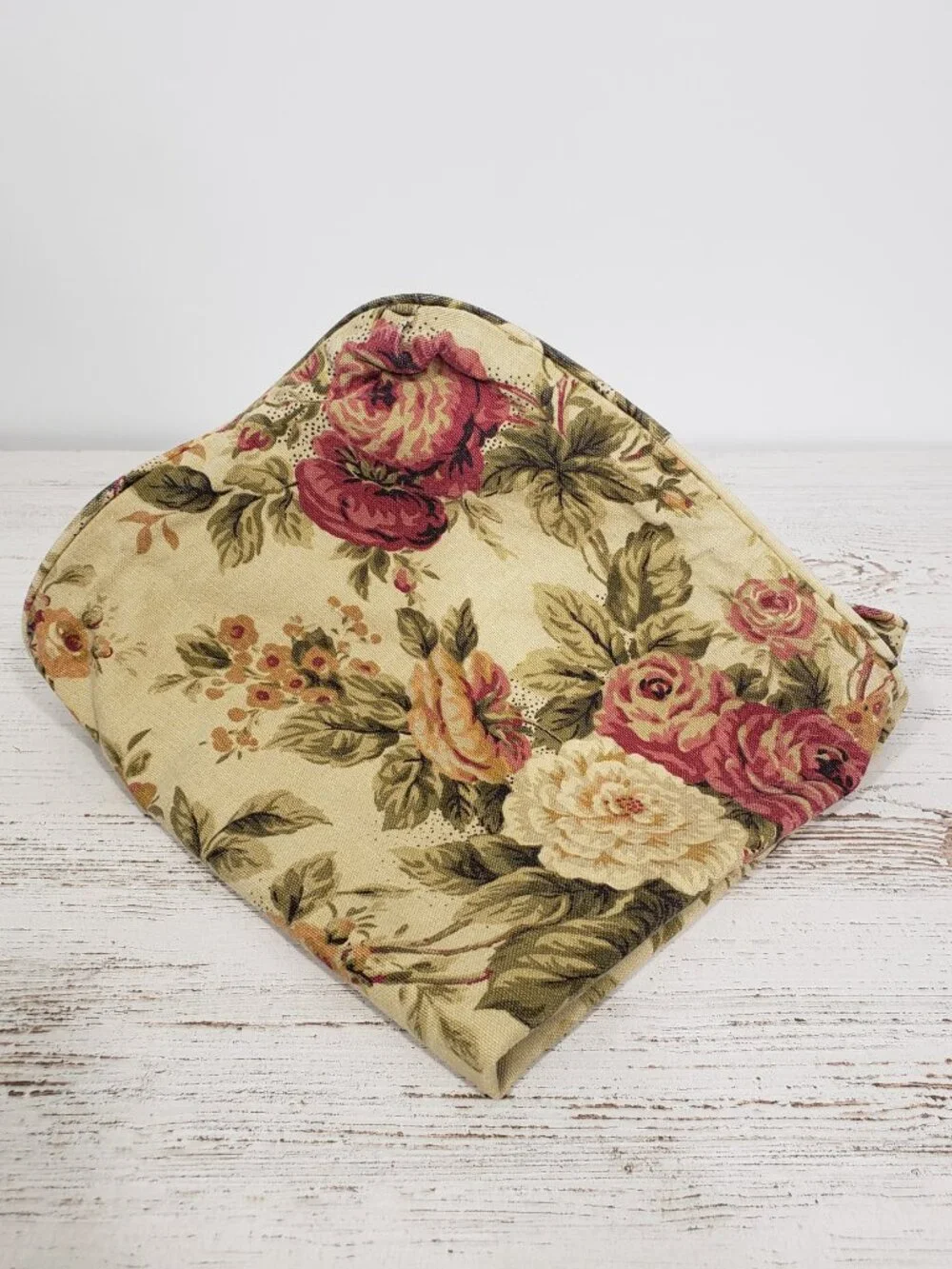Floral Zippered Pillow Cover  22 X 20 Roses Beige Green Burgungy Tapestry Weight